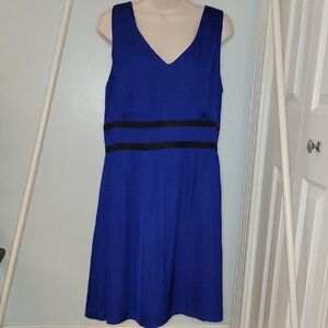 LOFT Cobalt Blue V-Neck Sleeveless Silk Feel Dress with Black Waist Band Size 12